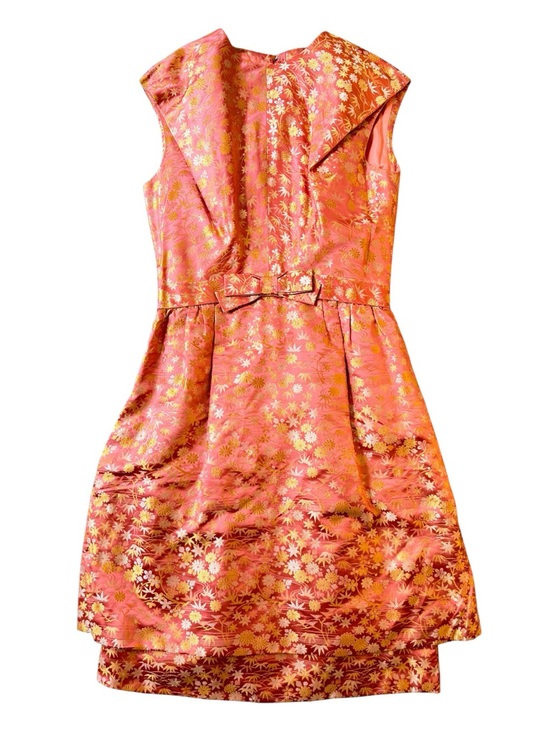Dresses & Skirts - Handmade Silk Brocade Dress Pink Gold Floral Asian Inspired Bow Waist Small